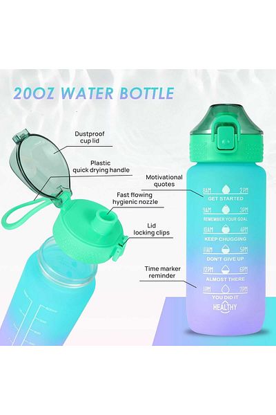 Micostore Motivational Water Bottle, 600 Ml, Graduated, Tritan, Automatic Opening, Reusable, Turquoise-Purple