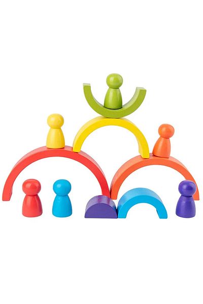Micostore Montessori Wooden Rainbow Set With 6 Semicircles And 6 Colorful Dwarfs, Multicolor