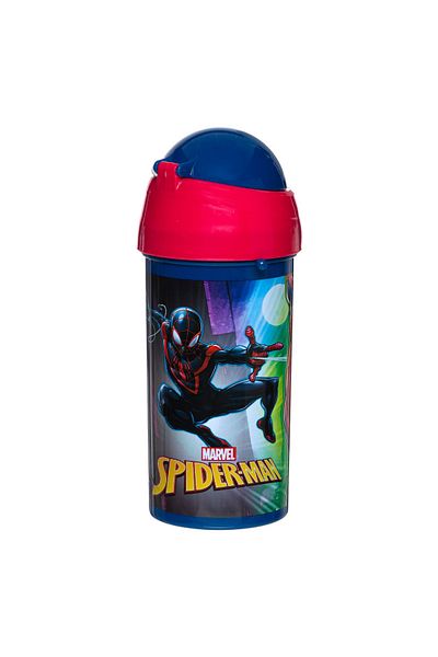 Micostore Children's Water Bottle, Bottle with Straw and String, 500 Ml, Spiderman, Pop Up, For School and Kindergarten