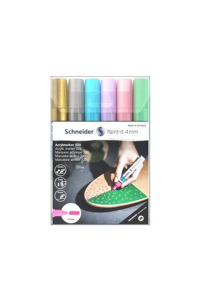 SCHNEIDER Set Of 6 Acrylic Paint Markers, Paint-it 320, 4 Mm, Gold, Silver, Pastel Blue, Purple