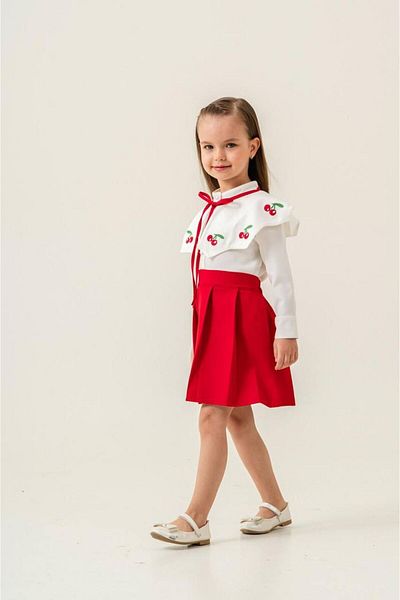 tunays shopping Girl's Skirt Blouse - Cherry Embroidered Set