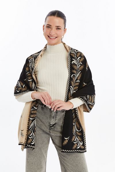 panşalço Women's Kaftan Model Black Camel Knitwear, Shawl and 75X180 cm Dimensions