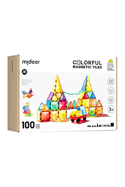 Mideer Set De Constructie Magnetic, 100 magna tiles si 2 masinute magnetice, Placi Magnetice Colorate