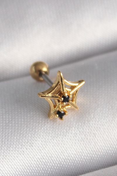 Clariss 316L Steel Gold Color Black Zircon Stone Detail Spider Web Model Tragus Piercing