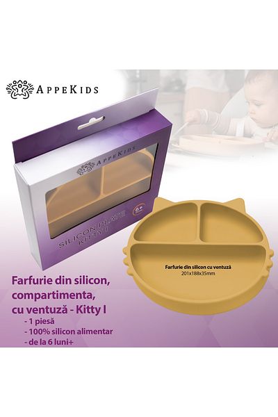 APPEKIDS Farfurie Compartimentata Din Silicon Cu Ventuza, - Kitty - Honey