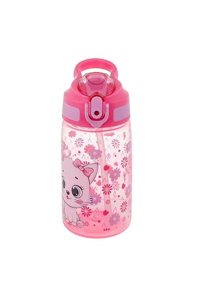 Micostore Children's Water Bottle, Bottle With Straw And Handle, 500 Ml, Pink Kitty, Pop Up, For School And Kindergarten