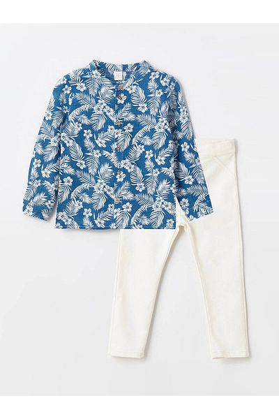 LC Waikiki Lcw Baby Blue Judge Collar Long Sleeve Printed Baby Boy Shirt and Pants 2-Piece