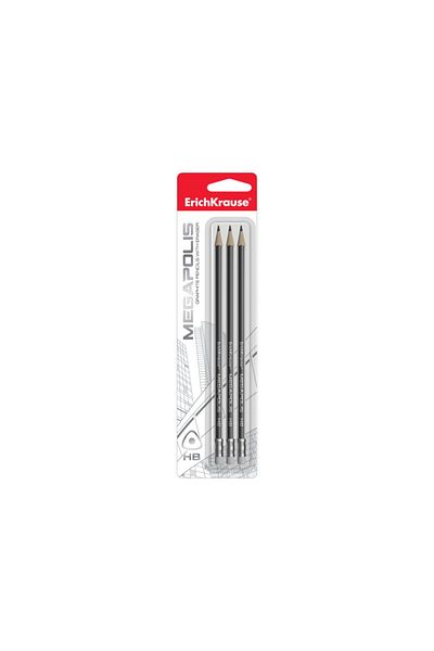 Erich Krause Triangular Pencil With Eraser Megapolis Hb 3 Pcs/blister,