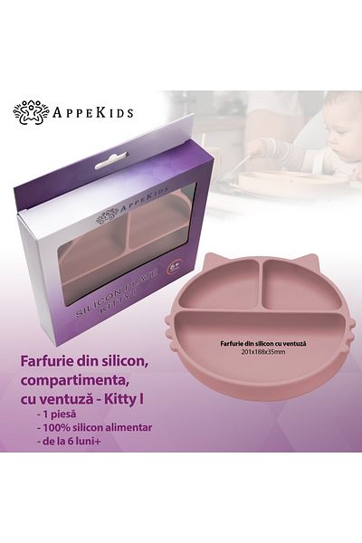 APPEKIDS Farfurie Compartimentata Din Silicon Cu Ventuza, - Kitty - Old Rose