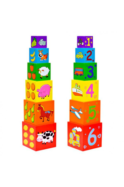 Viga Toys Turnul Babel, 6 Cuburi Din Lemn Cu Animale Domestice
