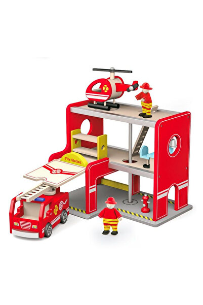 Viga Toys Statie De Pompieri Din Lemn Cu Elicopter Si Pompieri