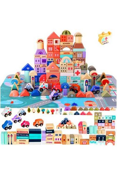 Micostore Set cuburi de construit din lemn - Orasel cu 115 piese