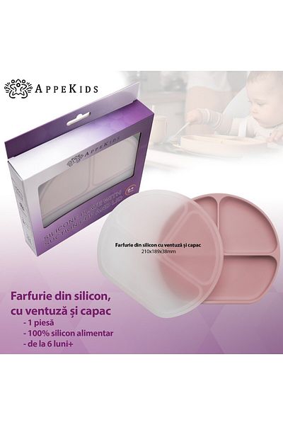 APPEKIDS Farfurie Compartimentata Din Silicon Cu Ventuza Si Capac, - Old Rose