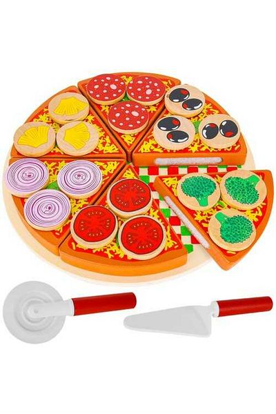Micostore Wooden Pizza, Set With Slicer, Spatula And Tray, 6 Pizza Slices And Toppings, Role Play