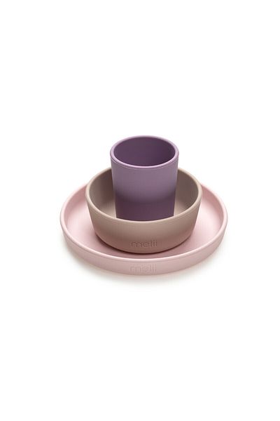 Melii Set de masă din silicon 3 piese - farfurie, bol și ceașcă (roz, gri, violet)