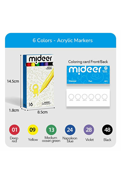 Mideer Acrylic Markers, Set of 6 Colors Soft Tip Markers, Brush Type, For Children,