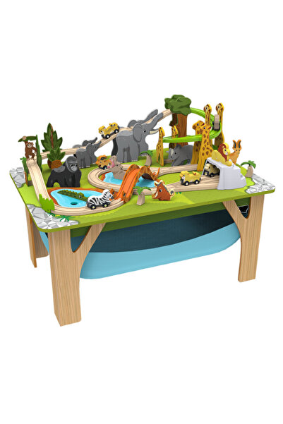 KIDKRAFT Circuit din lemn cu mașini și masă de joacă incluse, aventură safari