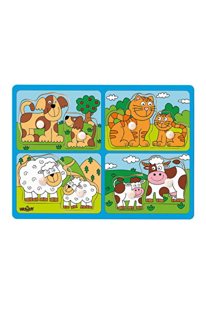 Woody Wooden Puzzle With Buttons - Pets And Their Babies