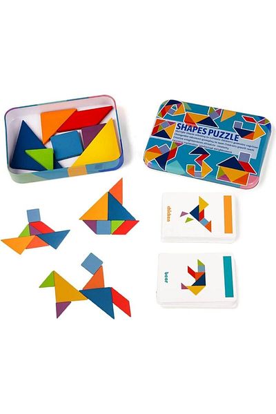 Micostore Tangram 7 Wooden Pieces in Metal Box, 60 Cards with 120 Figures and Shapes, 17 X 12 X 3 Cm