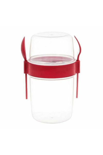 Micostore Yogurt Cup With Cereal Container, Fork And Spoon, 600 Ml, Transparent Casserole, Red