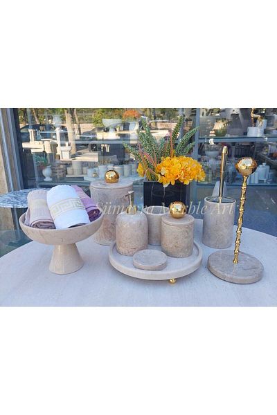 Sümeyra Marble Art Cannes - Natural Beige Marble Bathroom Set - 9 Pieces