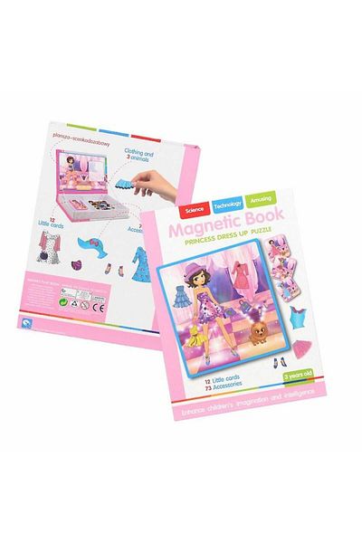 Micostore Carte magnetica puzzle,Imbraca Printesa,Fashion,73 piese magnetice,12 carduri,Joc Educativ STEM
