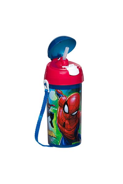 Micostore Children's Water Bottle, Bottle with Straw and String, 500 Ml, Spiderman, Pop Up, For School and Kindergarten