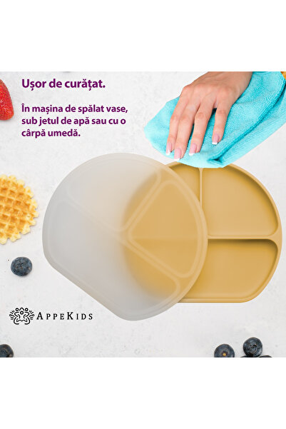 APPEKIDS Silikonový talíř s přihrádkami, přísavkou a víčkem - Med