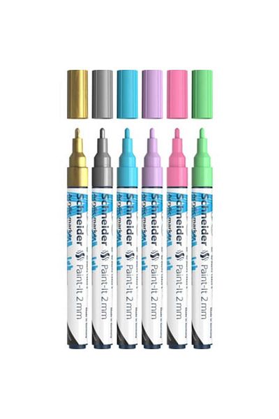 SCHNEIDER Set Of 6 Acrylic Paint Markers, 2 Mm Tip, Gold, Silver, Blue, Pastel Pink, Purple, Varnish