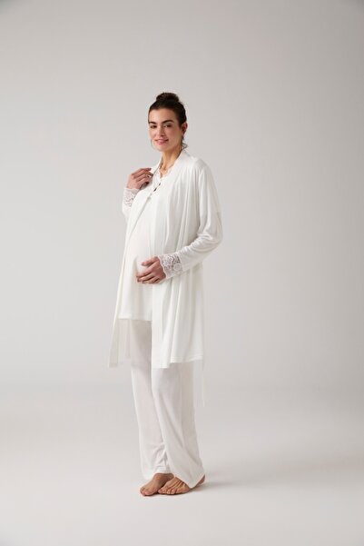 Lohussa Kadın Ekru Dantelli Özel Tasarım Dantelli Pamuklu Hamile Lohusa Sabah...