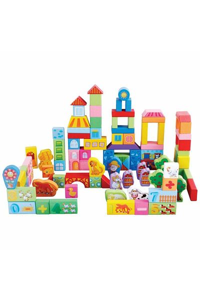 Micostore Set 100 cuburi constructie din lemn, Ferma, Beilaluna Toys