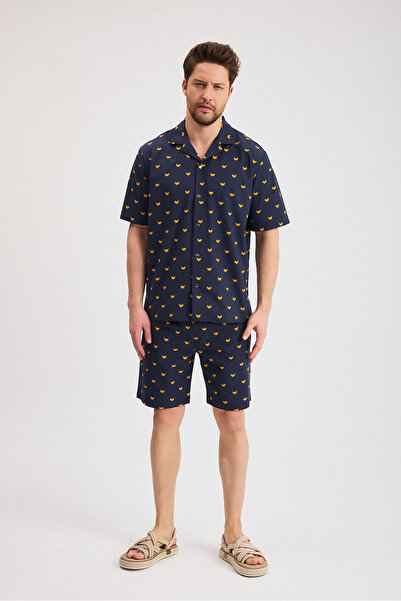 Soho Mood Ανδρικό πουκάμισο με κοντό μανίκι Premium με σχέδιο 100% βαμβάκι - Πιτζάμες με υφαντό μπλουζάκι - Ρούχα για το σπίτι