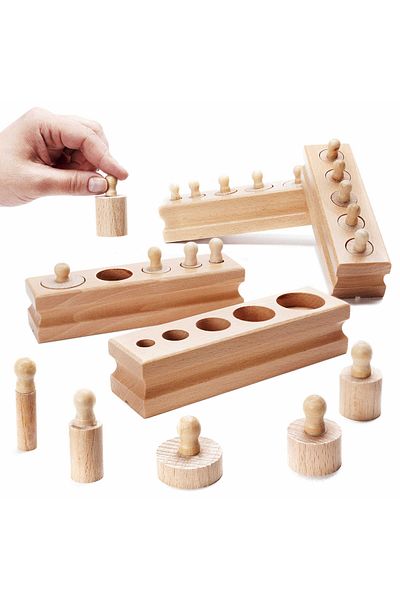 Micostore Cilindri Montessori - 4 Seturi Cilindri Lemn Natur Cu Buton