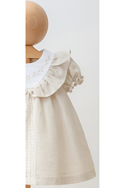 Mymio Kız Nakışlı Yaka Detaylı Lastikli Karpuz Kol Astarlı Keten Elbise