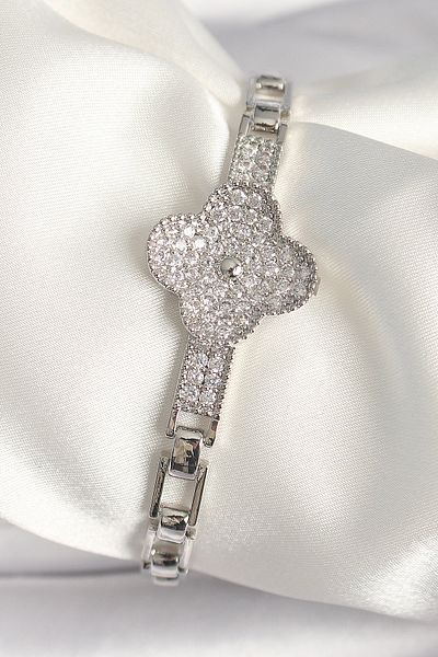 NEZADE STORE Brass Silver Color Zircon Stone Clover Model Women's Bracelet - Lisinya