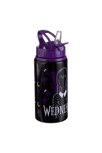 Micostore Sticla De Apa Copii, Cu Pai, Wednesday, Aluminiu, 500 Ml, Negru Si Mov, Flip Top, Bidon