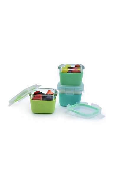 Melii Set 3 Recipiente Sticla, 160ml, Cu Husa Antiderapanta Silicon, Blue Mint Lime