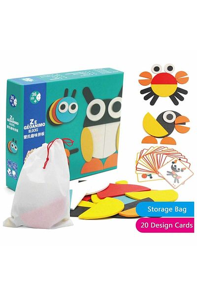 Micostore Tangram Ze Geoanimo, Wooden Game, 30 Pieces, Educational, Geometric Shapes, Creative, Shapes