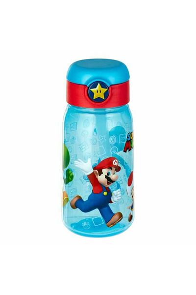 Micostore Children's Water Bottle, Bottle With Straw, 500 Ml, Super Mario, Transparent Blue, Pop Up, School And Kindergarten