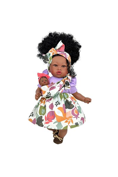 OEM Papusa Nines D'onil, Maria Afro, Cu Sunete, Cu Bebelus, Cu Rochie Mov, Cu Miros De Vanilie, 45 Cm