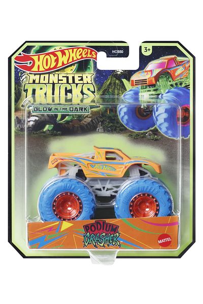 mattel Hot Wheels Monster Truck Glow In The Dark Car Podium Crasher Scale 1:64