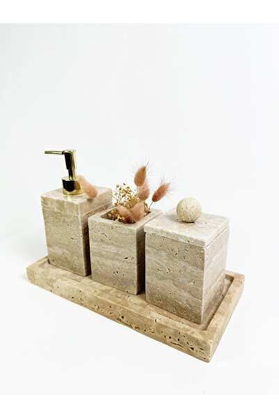 Modestmar Travertine Bathroom Set 4 Pcs Square Bathroom Set with Marble Ball Handle Gold Pump
