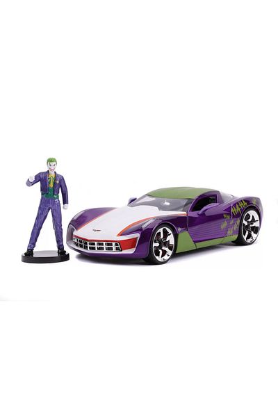 Simba Diecast Cars Chevy Corvette Stingray 2009 and Joker Figurine 1:24 Scale