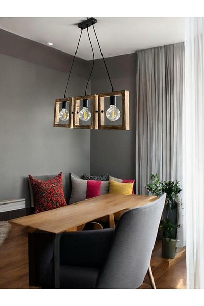 ONUR AVİZE Retro Rustic Decorative Antique 3-Piece Natural Wood Chandelier