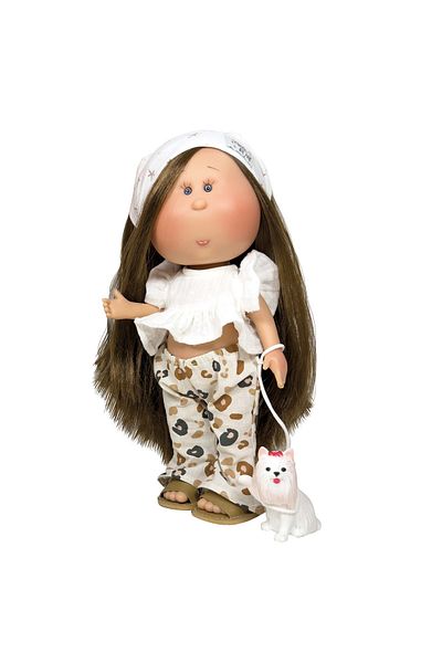 OEM Păpușa Nines D'onil, Mia, cu păr șaten drept, cu câine, cu articulații, cu parfum de vanilie, 30 cm