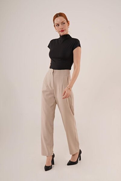 HanZone Pantaloni crem cu detaliu dublu cu pensă Edolika