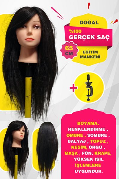 TAM TARZ 100% Real Hair Hairdresser Training Mannequin + Table Apparatus / Black / 65 cm