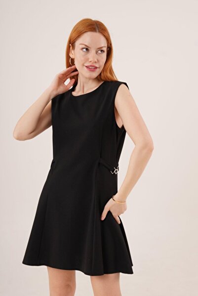 buğrahayalin    Zero Sleeve Black Mini Dress with Chain Detail on the Sides