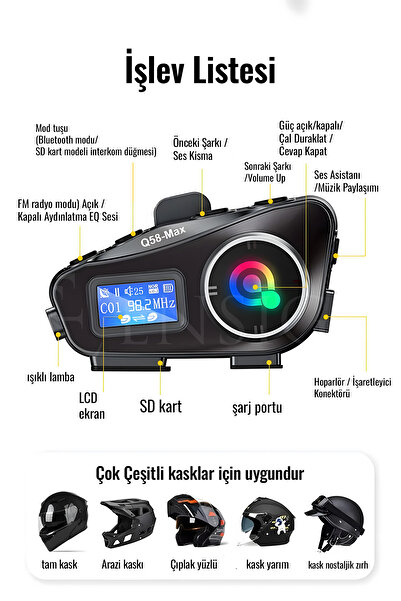 EN SİGA 2 Intercom Bağlantılı Radyolu Lcd Ekranlı Işıklı Su Geçirmez Motorcu Kask Kulaklık Müzik Çalar