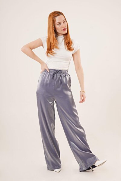 TUA MODA Tua Moda Shiny Look Pocketed Purple Wide Leg Pants